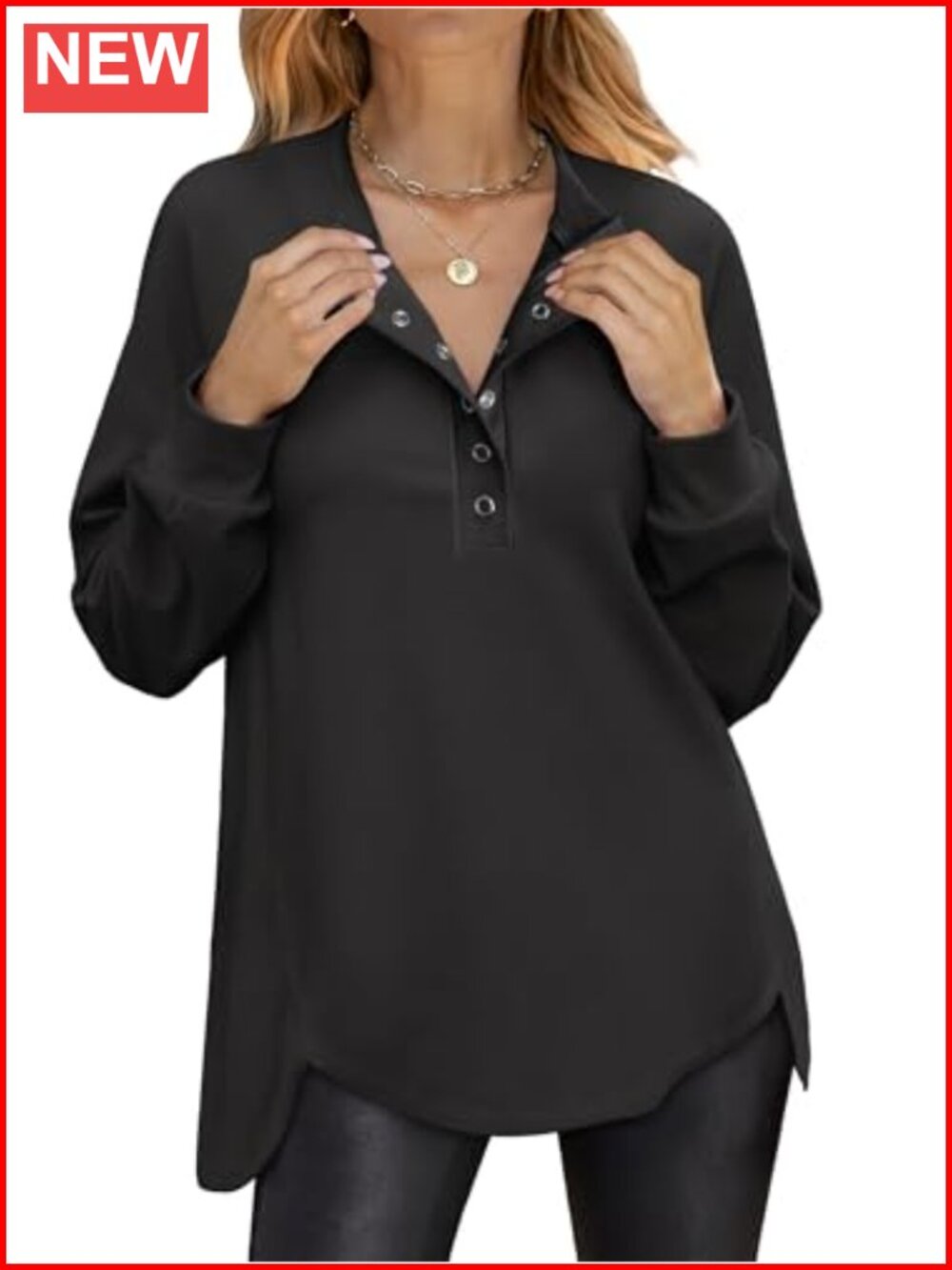 Oversized Henley Sweatshirt Tunic Top Loose Fit Long Sleeve Pullover